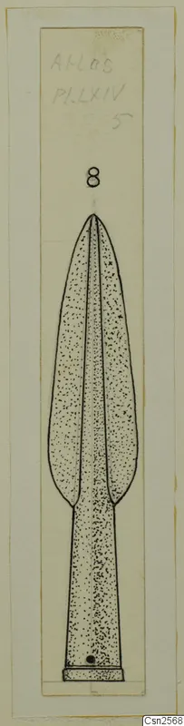 Drawing of a bronze spearhead with a long leaf-shaped blade and a narrow tang