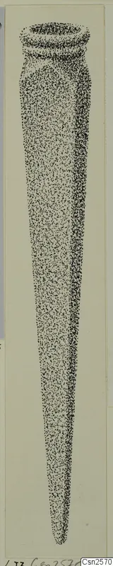 Stippled drawing of a long, tapering bronze weapon with a grooved rim at the wide end