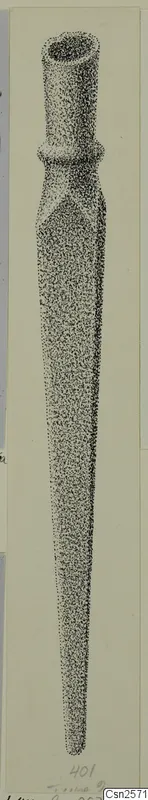 Drawing of a bronze weapon with a hollow socket, a raised collar and a long tapering point