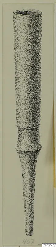 Stippled drawing of a slender bronze object with a hollow upper end and a tapered lower point