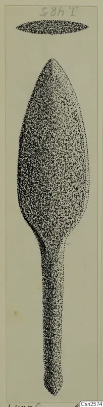 Drawing of a bronze weapon with a leaf-shaped blade and long tapering tang.