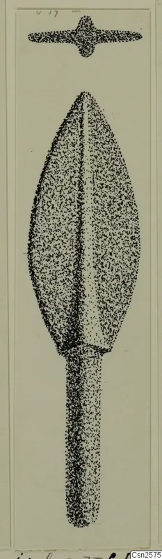 Drawing of a bronze spearhead with a leaf-shaped blade and central ridge, from Idalion