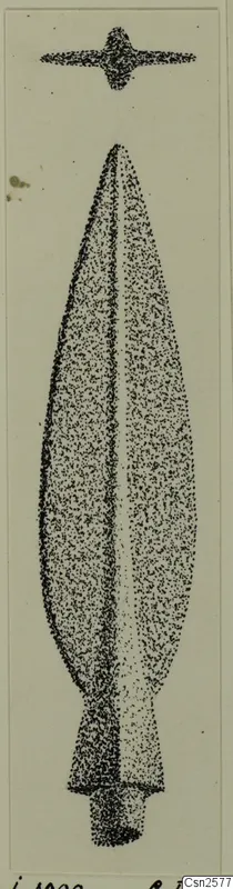 Stippled drawing of a leaf-shaped bronze spearhead with a small object above it