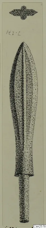 Drawing of a bronze weapon: a leaf-shaped blade with a narrow lower shank, with a small leaf-shaped fragment above, from Idalion