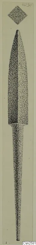 Stippled drawing of a bronze weapon with a long pointed blade and tang, with a diamond-shaped cross-section drawn above