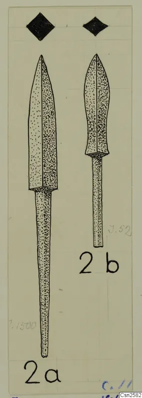 Drawing of two bronze weapons, a long narrow blade and a shorter leaf-shaped blade, each with a tang.