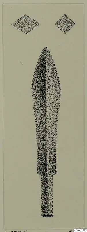 Drawing of a bronze spearhead with two small diamond-shaped forms above it
