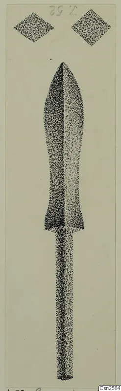 Drawing of a bronze weapon with a leaf-shaped blade and a long tang