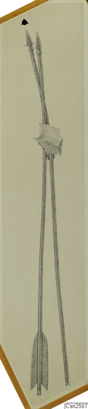 Stippled pen drawing of two bronze weapons with pointed tips crossing diagonally, a central knob and fan-shaped lower ends.