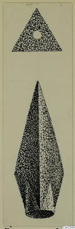 Stippled drawing of two bronze weapons: a flat triangular piece with a hole above a leaf-shaped spearhead.