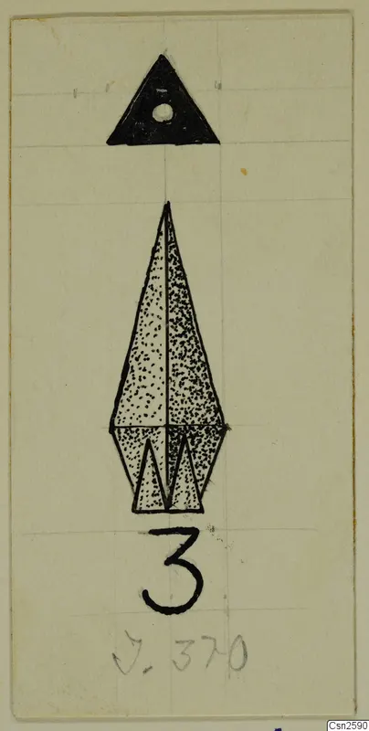 Drawing of a bronze weapon point with barbs, from Idalion, with a number label below