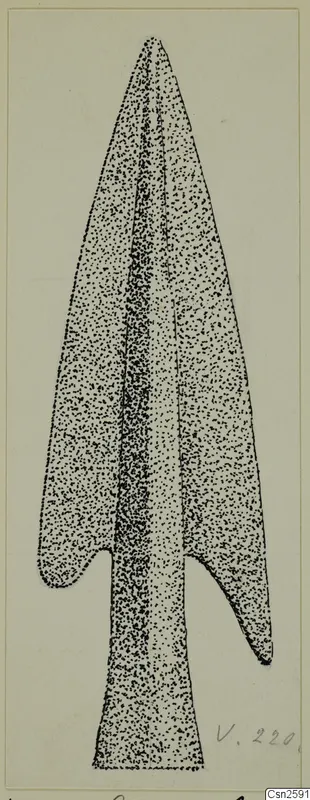 Drawing of a bronze spearhead with a raised central rib, barbs and a tapering socket