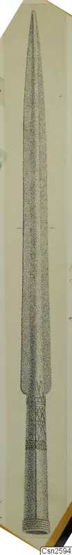 Drawing of a bronze weapon with a long tapering blade and a decorated lower section