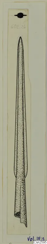 Pen drawing of a long, narrow bronze weapon with a pointed tip, shown on a narrow card