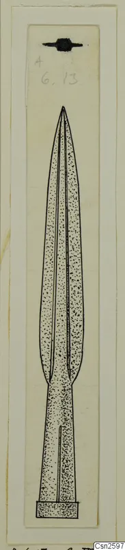 Ink drawing of a bronze weapon from Amathus tomb finds, with a long pointed blade and tapered tang.