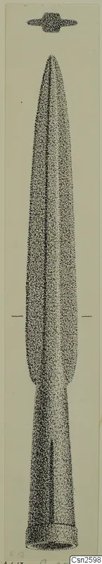 Drawing of a bronze spearhead with a long blade and tubular socket