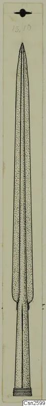 Drawing of a long-bladed bronze weapon, probably a spearhead, with a tapering blade and narrow base