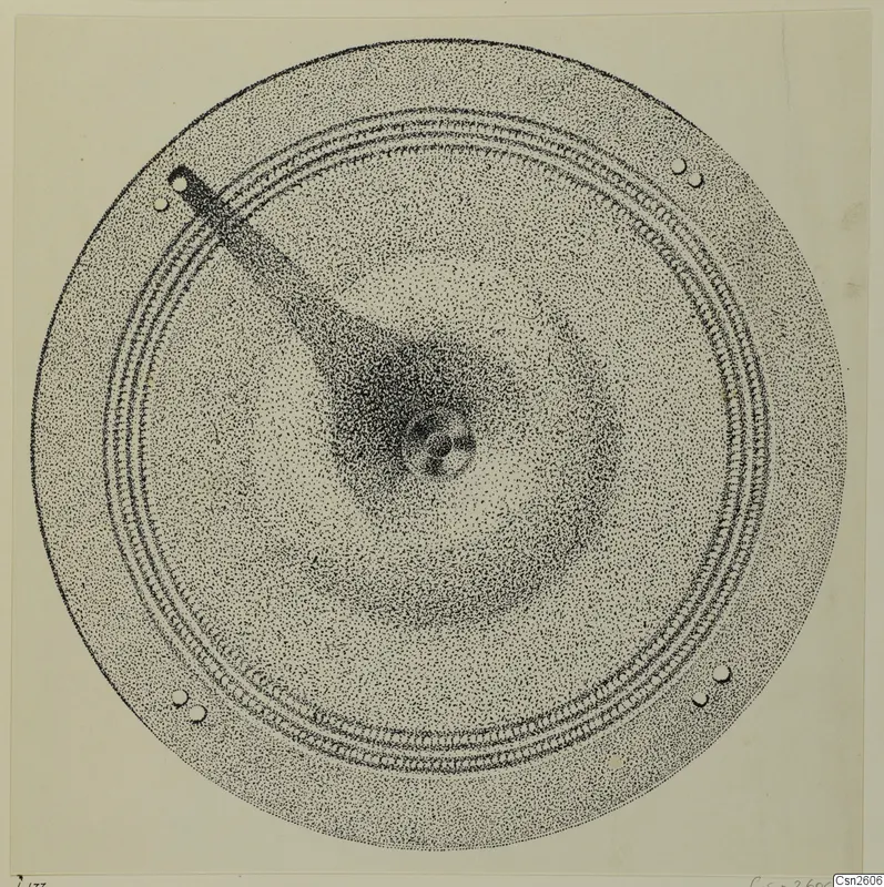 Stippled drawing of a round bronze object with a central boss, concentric ridges and holes around the rim