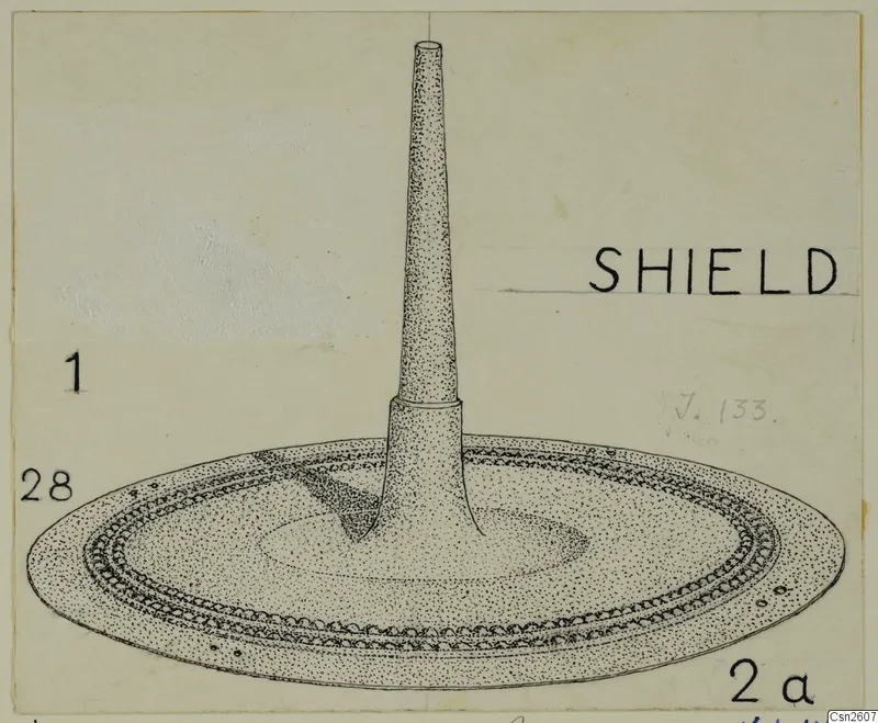 Ink drawing of a bronze weapon: a wide dished disc with a scalloped rim and a tall tapering central spike.
