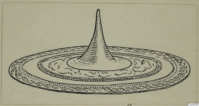 Drawing of a bronze object: a shallow disc with a tall central cone and an ornamented rim