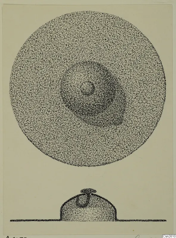 Field drawing of a shield boss at Amathus, shown in plan above and in section below