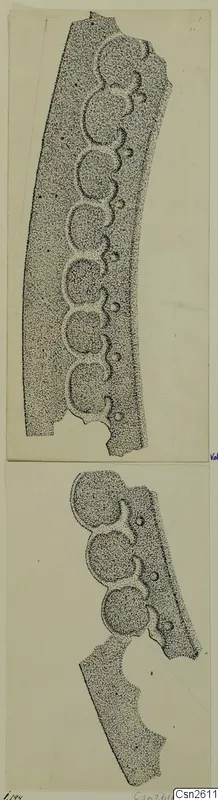 Drawings of bronze weapon fragments with rows of round raised bosses, from Idalion