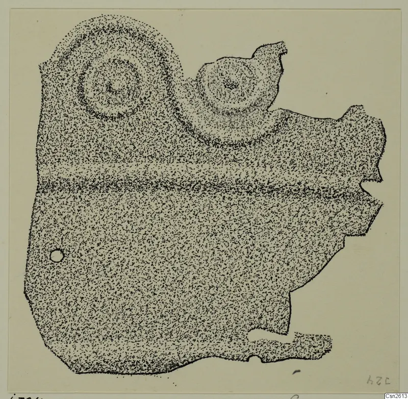 Stippled drawing of a flat bronze object with two spiral-patterned discs and a central ridge