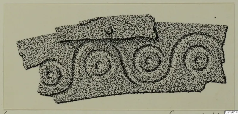 Drawing of a broken bronze fragment decorated with four concentric circle motifs
