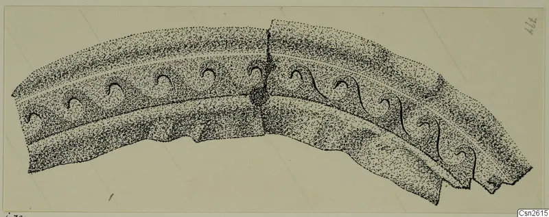 Pen drawing of a curved metal fragment with raised ridges and crescent-shaped impressions, from Idalion