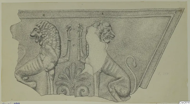 Drawing of a carved relief fragment with two maned animal heads above a palmette, Vouni