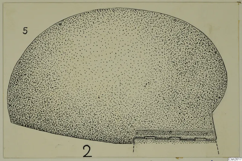 Drawing of a bronze dome-shaped object in profile, stippled to show its surface, with a stepped lower edge