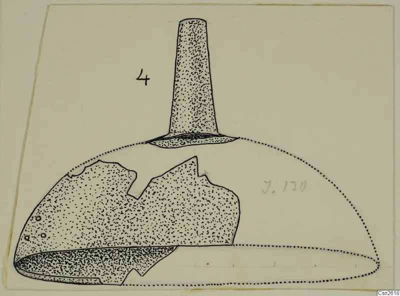 Drawing of a bronze weapon fragment from Idalion, with a tall tapering projection and a dotted outline of the restored shape