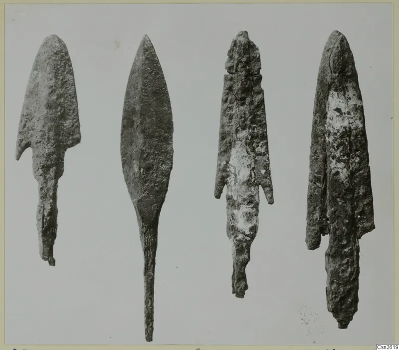 Four metal weapon blades with tangs, laid out side by side in a row.