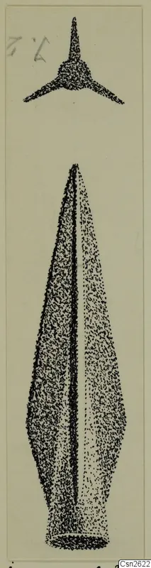 Drawing of a leaf-shaped spearhead with a central rib, and a small three-barbed point above it.