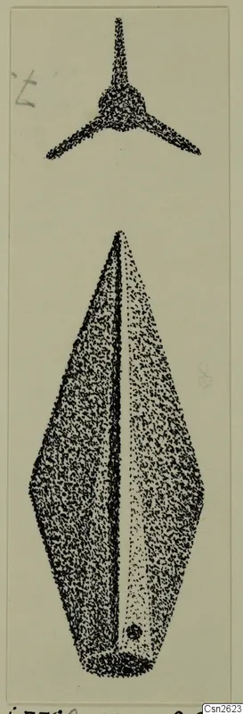 Stippled drawing of two weapon heads: a small three-barbed point above a lozenge-shaped socketed blade