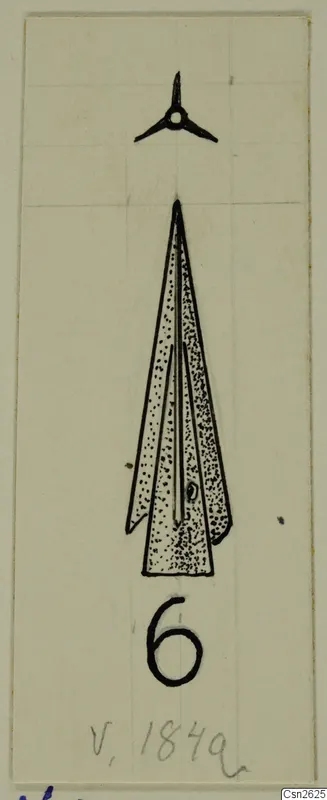 Drawing of a pointed blade with a small hole near its base, from Vouni, with a three-armed object above