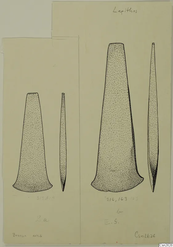 Ink drawing of two axes, each shown in front and side view.