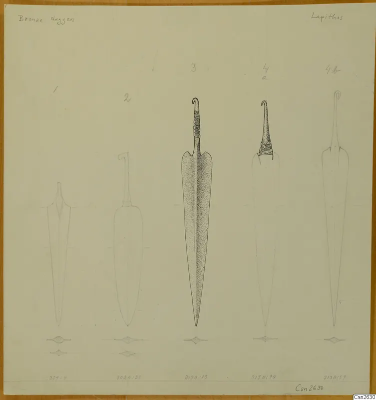 Drawing of five daggers standing in a row, one fully inked and four in pencil outline.
