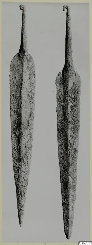 Two corroded metal daggers with long pointed blades and curled tangs, shown side by side.