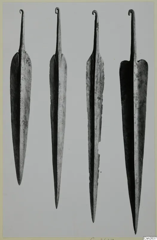 Four leaf-shaped metal blades with hooked tangs, shown upright side by side.