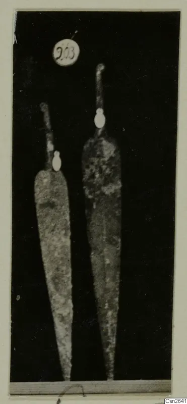 Two long pointed metal blades with narrow tangs, photographed upright against a black background.