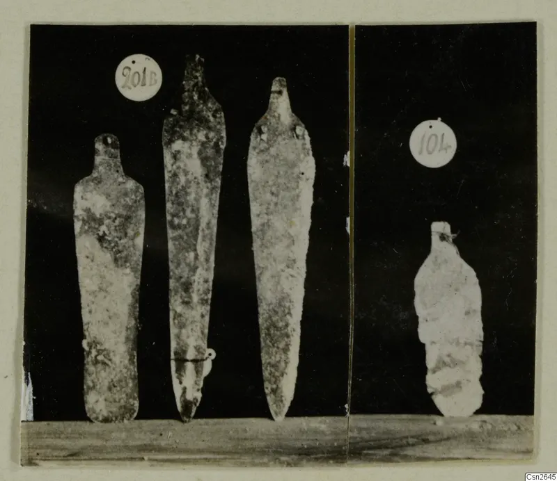Four corroded metal blades with tangs, shown upright on a wooden surface, in two numbered groups.