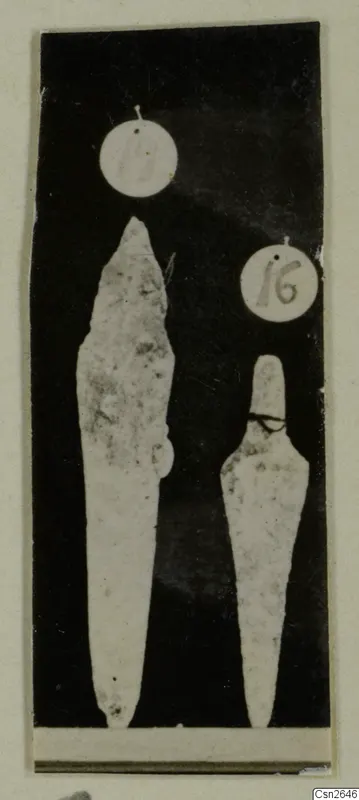 Two pale weapon-shaped objects with round number labels above them, photographed against a dark background