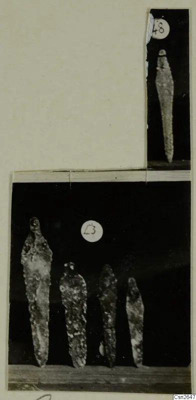 Card mount with two photographs of corroded metal blades with tangs, set against dark backgrounds.