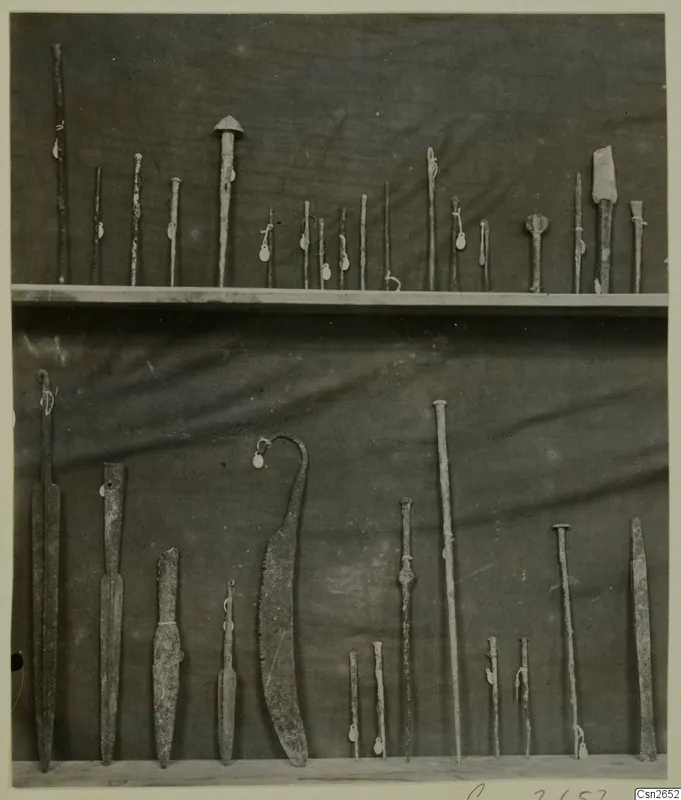 Corroded metal weapons and tools laid out in two rows on a dark cloth