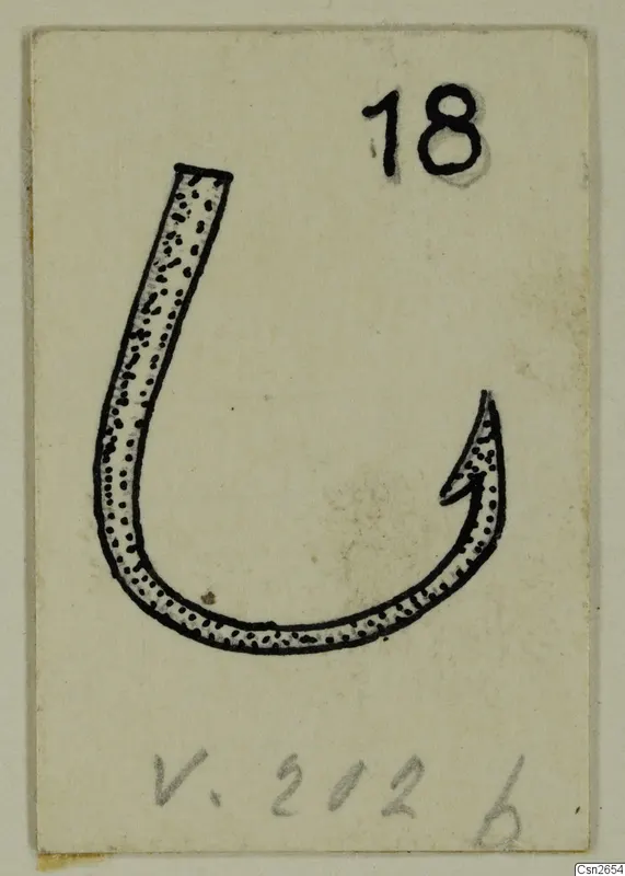 Drawing of a hook-shaped bronze object on a card, with a number label in the upper right corner