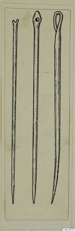 Drawing of three bronze tools: slender pointed rods, the left notched at the top, the middle with a small hole, the right with a loop.