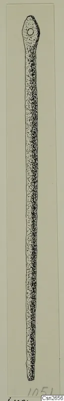 Drawing of a long, slender bronze tool with a perforated flat head, from Idalion