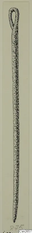 Drawing of a long, slender bronze tool with a looped head and pointed tip