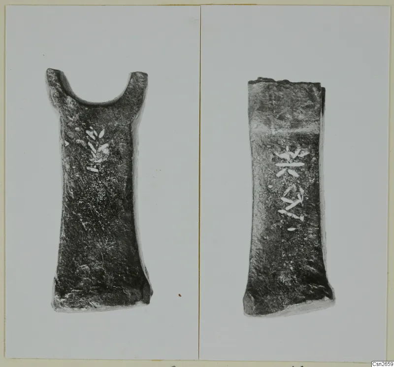 Two bronze tools photographed side by side, each with a pale branch-like pattern on its dark surface.